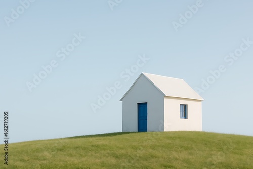 Wallpaper Mural Minimalist composition featuring a small white house with blue door sitting atop a grassy knoll. Torontodigital.ca