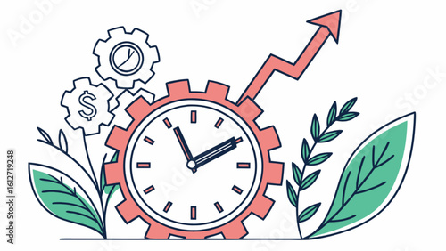 Time management for business growth and productivity with clock gears and arrow showing success rate up