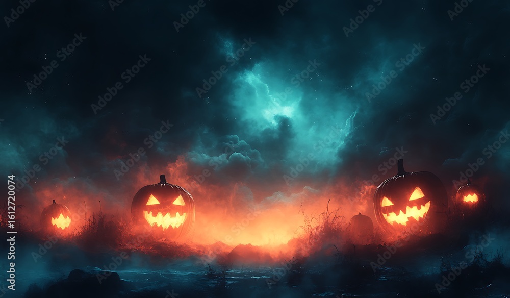 Naklejka premium Glowing Jack-o-lanterns in a dark misty Halloween landscape with teal sky pumpkin carved