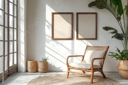 Wooden armchair positioned near a white stucco wall with three art posters, featuring boho interior design with home decor accents. Created with, Generative AI
