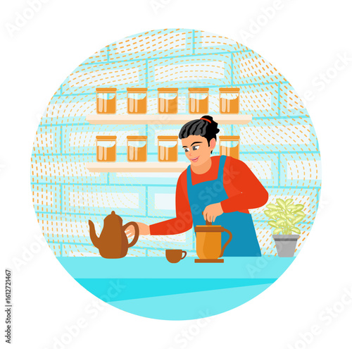 Aeropress Coffee. A woman uses a manual coffee maker to extract and make coffee.