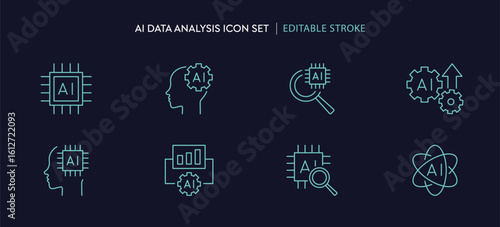 Minimal icon set of AI data analysis icons vectors: Analyst diagram, analytics research ,analyze with AI chips, Artificial intelligence semiconductor algorithm, improvement graph. UX process icons.