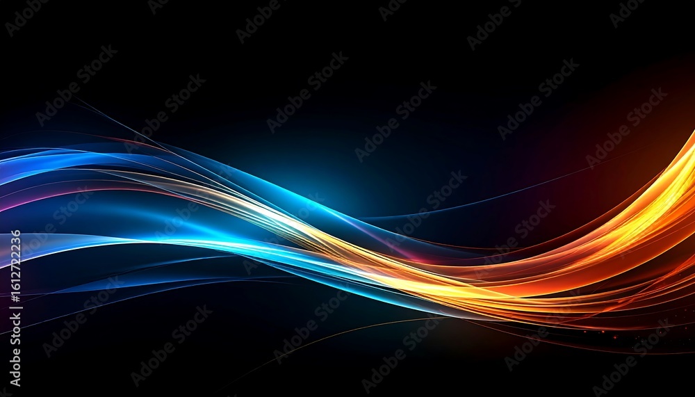 Naklejka premium Abstract flowing light streaks, cool blue and warm orange hues on black