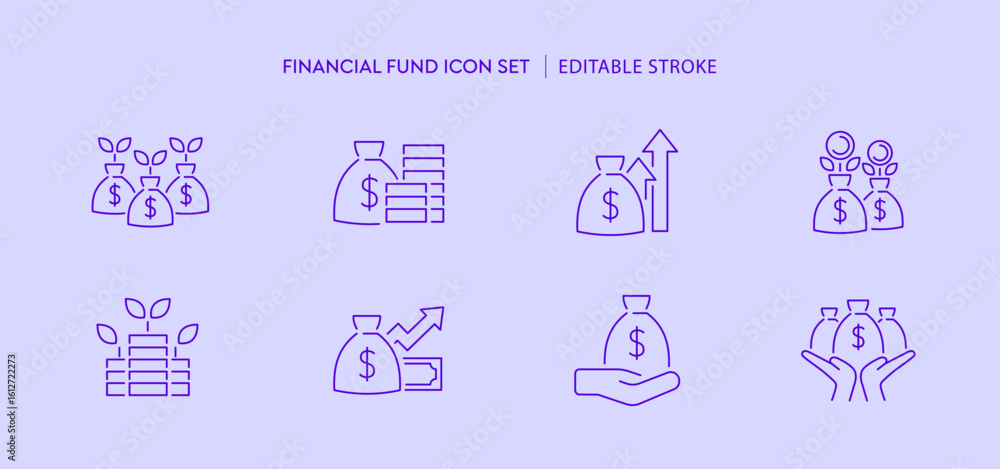 Fototapeta premium Fund asset management icon set. Money bag with coins, growth graph for finance and investment concept. Success and wealth saving icons. Dollar sign currency bag for transaction payment editable icon