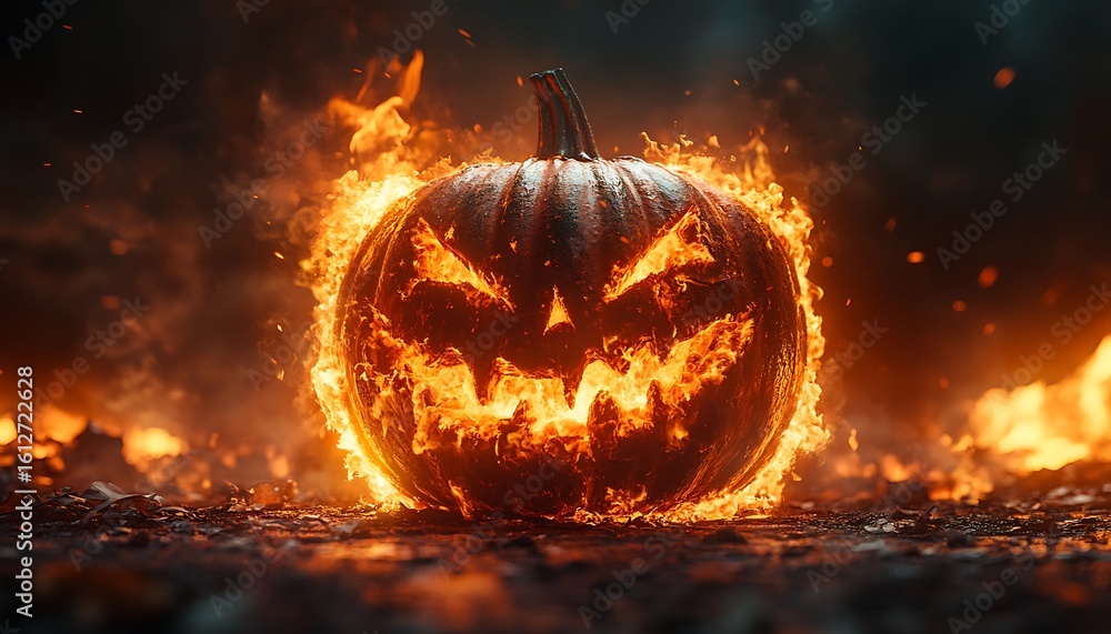 Naklejka premium Jackolantern engulfed in intense orange flames and smoke halloween pumpkin