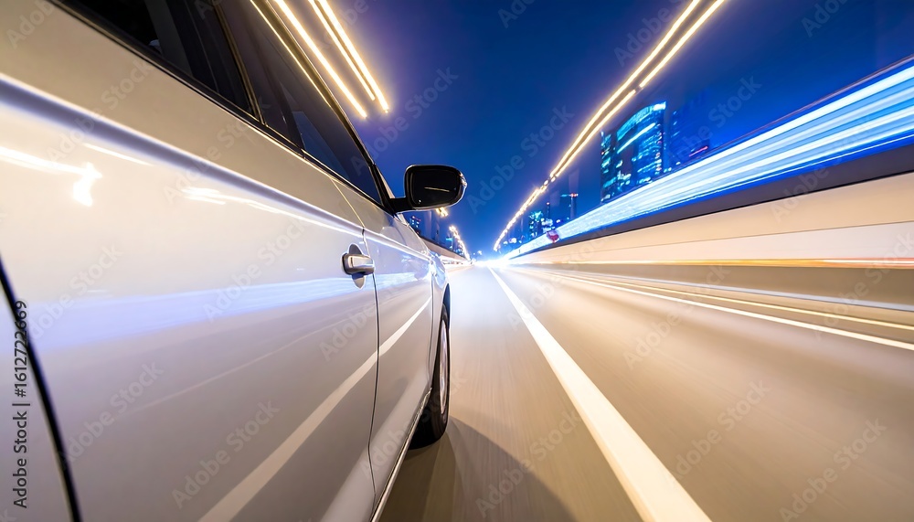 Fototapeta premium Nighttime highway driving, blurred lights