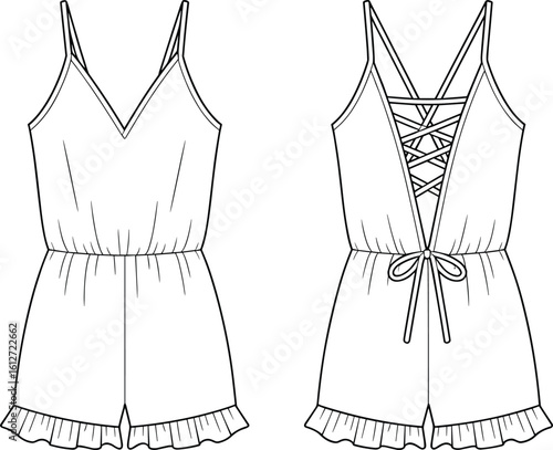 CAD flat vector illustration of women’s ruffle hem romper with strappy lace-up back, V-neck front, sleeveless, fashion sketch