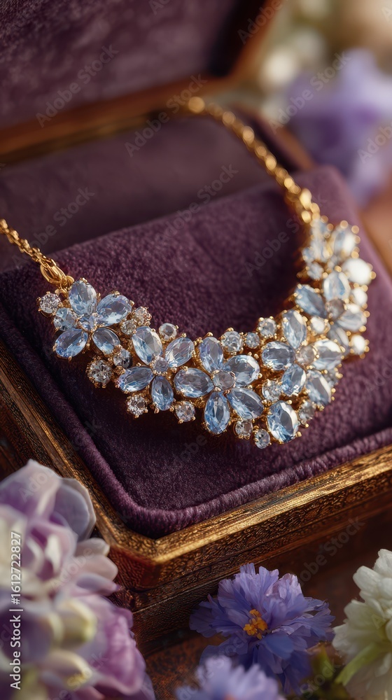 Obraz premium Elegant blue flower necklace displayed on a luxurious velvet box surrounded by delicate flowers