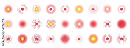 Red pain circle icon with wave effect for muscle ache or headache, designed with concentric rings and dots to show body damage or chronic nerve pain. Vector