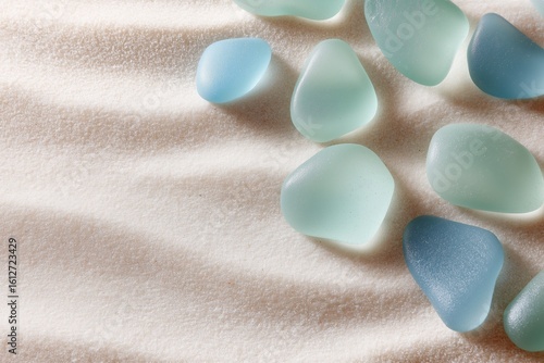 Flat lay arrangement of smooth sea glass pieces in soft pastel colors set against a white background creating a calming visual