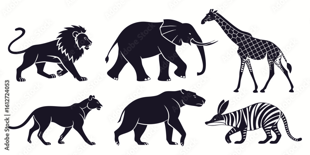 Naklejka premium Vector art of a collection of african animal silhouettes including a lion, elephant, giraffe, hyena, aardvark, and zebra