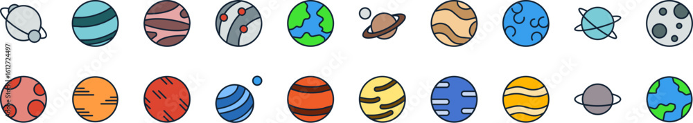 Obraz premium Planet Filled Color Icon Set. Minimalistic Linear Pictogram for Web and Graphic Design, Apps, Banners, Social Network and Cards