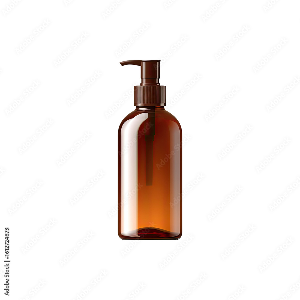 Clear amber plastic pump dispenser bottle filled with liquid isolated on white background Clear amber plastic pump dispenser bottle filled with liquid isolated on white background