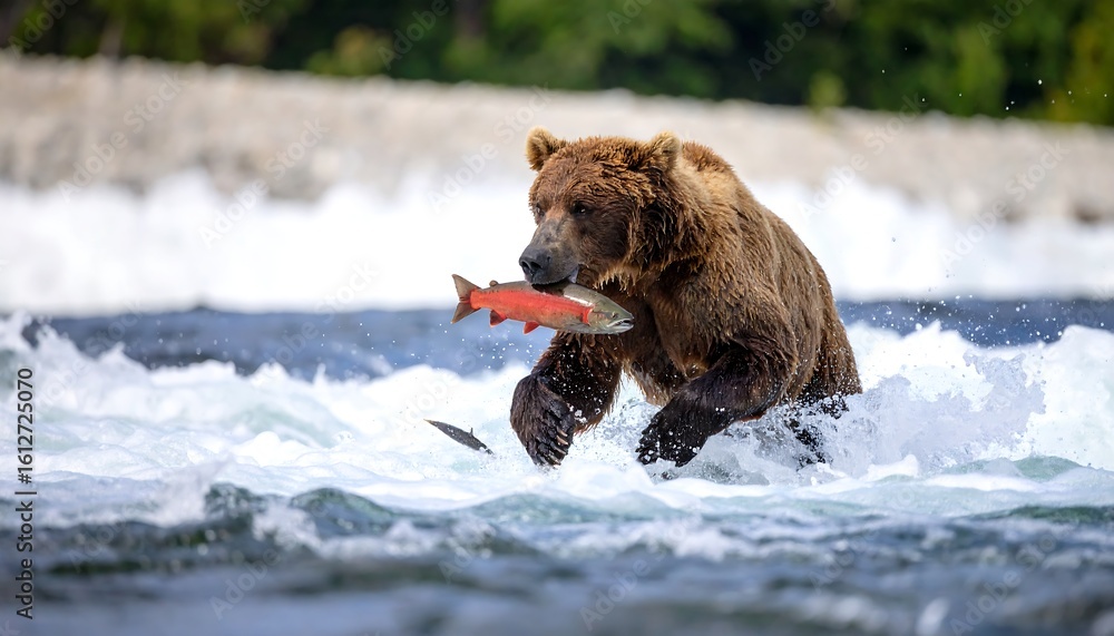 Large brown bear fishing in a river, holding a salmon Large brown bear fishing in a river, holding a salmon