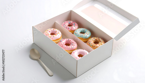 Photo of mini donut packaging in pastel colors, a minimalist white background