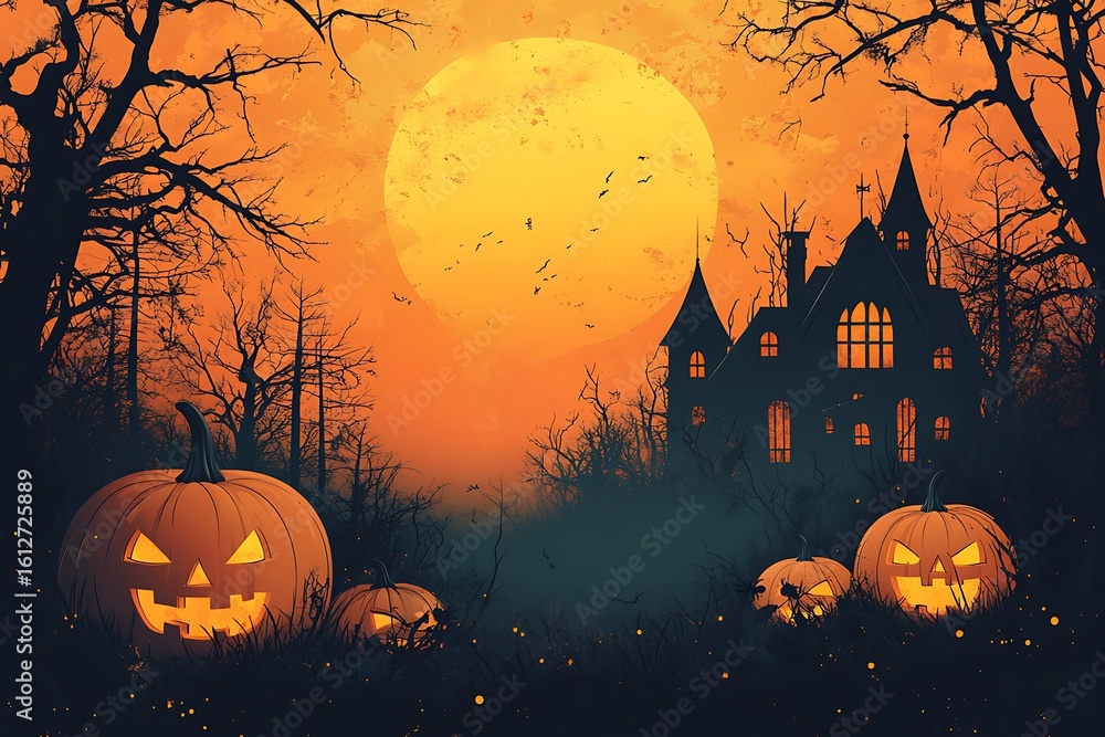 Fototapeta premium Spooky Halloween haunted house with jack o lanterns under a full moon pumpkin