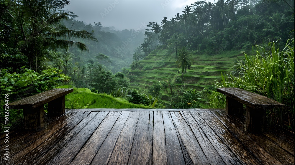 Fototapeta premium Lush terraced rice paddies view from a wooden deck on a rainy day.