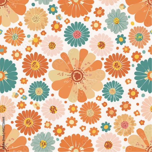 Elegant Blossom Motif in Orange, Blue, and Brown with Vintage Aesthetic for Fabric or Wallpaper
