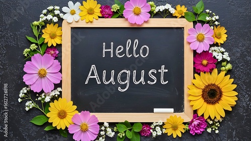 Hello August greeting on a chalkboard framed by a vibrant mix of colorful late summer flowers like sunflowers and cosmos on a dark background.