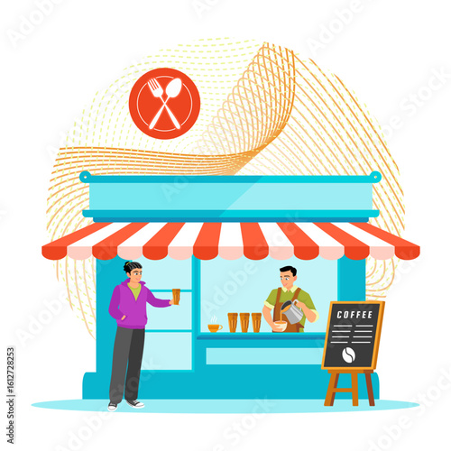 Take Away Cofee. A Coffee Stand With a Barista and Customer.
