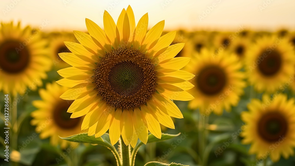 A radiant sunflower stands out in a vast agricultural field, bathed in the warm, golden light of a summer sunset. A radiant sunflower stands out in a vast agricultural field, bathed in the warm, golden light of a summer sunset.