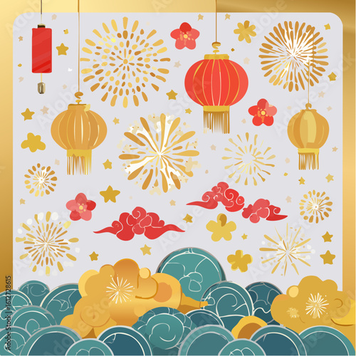 Elegant Set of Chinese Traditional Ornaments Featuring Gold Decorative Elements, Including Intricate Flowers, Bright Fireworks, and Elegant Lanterns, Perfect for Cultural Art Projects and Festive Cele