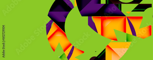 Abstract polygonal composition. Vivid colors dominate, creating dynamic visual impact. Shapes intersect, forming complex patterns. Green background enhances contrast.