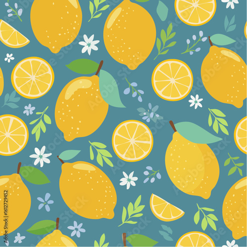 Bright and Fresh Tropical Seamless Pattern Featuring Juicy Yellow Lemons, Cute Fruit Illustrations, and Summery Backgrounds Perfect for Summer Fabrics, Wallpaper, and Digital Backgrounds
