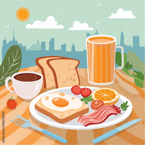 Creative Poster Collection with Abstract Illustrations of Breakfast Classics Including Coffee, Eggs, Bacon, and Citrus Juice, Perfect for Home or Cafe Decor, Food Branding, and Art Prints
