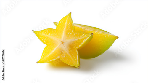 Fresh ripe starfruit or carambola with a star-shaped slice on a white background