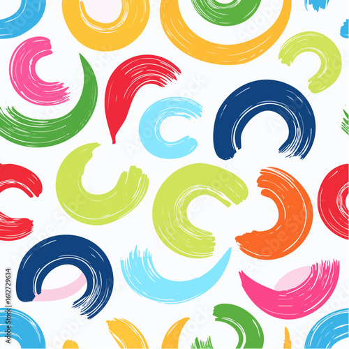 Artistic Seamless Pattern Featuring Multi-Hued Squiggles, Circles, and Bold Brush Lines with Wavy Forms, Perfect for Youthful Fashion, Creative Packaging, and Modern Interior Decor in a Vibrant Palett