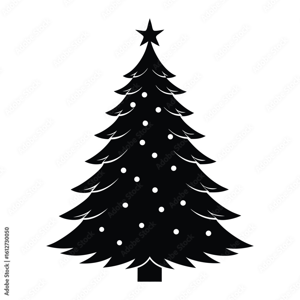 Obraz premium A Classic Black and White Silhouette of a Decorated Christmas Tree with a Star on Top, Perfect for Holiday Decorations Designs.