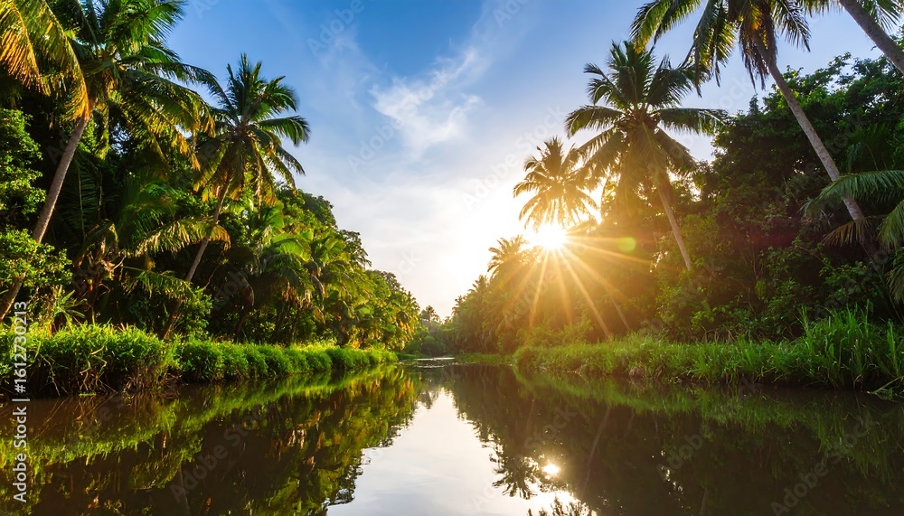Obraz premium Calm waterway winds through lush tropical foliage, sun setting over tranquil waters
