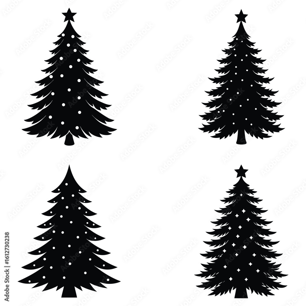Obraz premium Four Simple Black Silhouette Christmas Tree Designs Perfect for Holiday Crafts Decorations and Digital 
