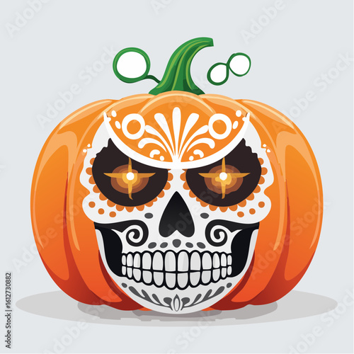 Artistic pumpkin skull mask that merges a carved pumpkin with a skull’s skeletal visage, designed to enhance horror costumes, haunted attractions, or themed celebrations.
