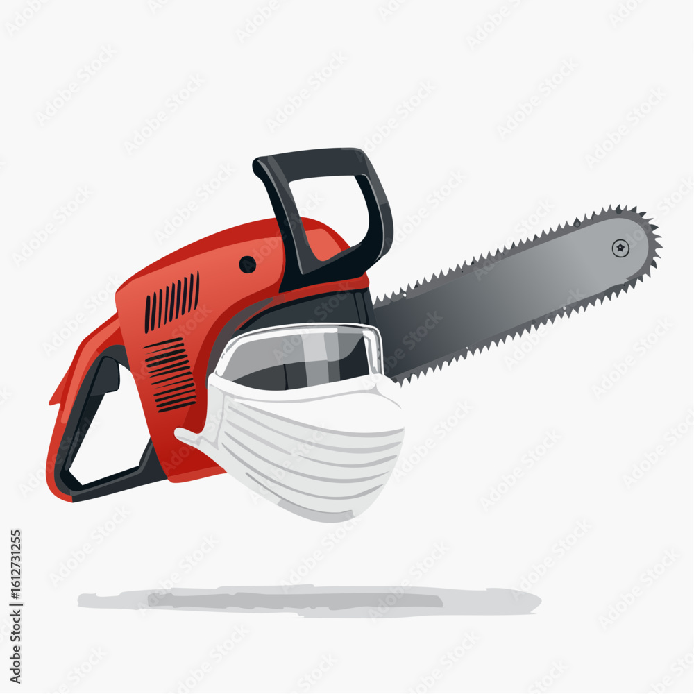 Naklejka premium Intense chainsaw-inspired mask with jagged teeth and motor details, crafted as a half-mask for maximum impact, suited for horror costumes, cosplay, and adrenaline-pumping events. 