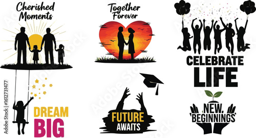Create a kinds of deferent Collection of vector graphics with heartwarming silhouettes and bold celebratory messages. vector art with white background.