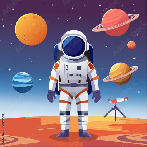 Cosmic universe poster with vibrant galaxies, stars, and astronaut silhouettes, ideal for educational backgrounds, space events, or sci-fi-inspired designs.
