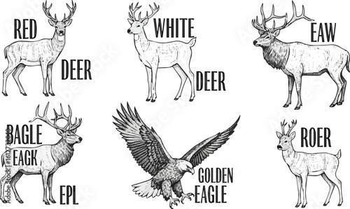 Create a kinds of deferent Deer, eagle. Wild animals. Engraving style. Typography posters design. Simple pencil drawing. Set of flat . Print, banner, label, cover or t-shirt.. vector art .