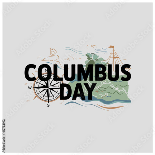 Columbus Day Illustration with Globe, Sailing Ship, and Explorer Statue – Patriotic Commemoration Graphic