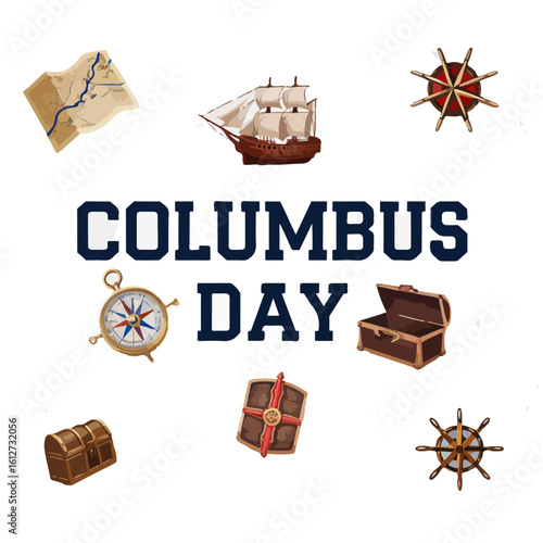 Columbus Day Illustration with Globe, Sailing Ship, and Explorer Statue – Patriotic Commemoration Graphic