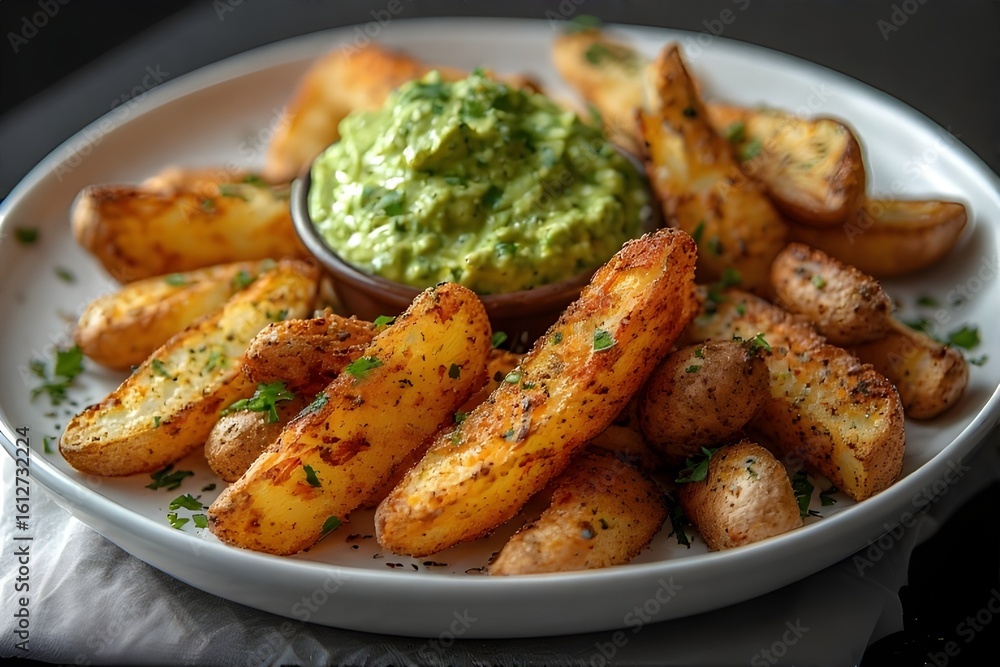 crispy potato wedges on a plate with guacamole on top crispy potato wedges on a plate with guacamole on top