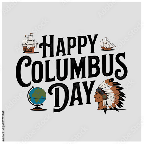 Columbus Day Illustration with Globe, Sailing Ship, and Explorer Statue – Patriotic Commemoration Graphic