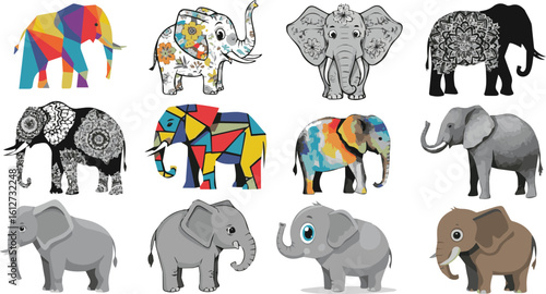 Create a kinds of deferent elephant vector art with white background.