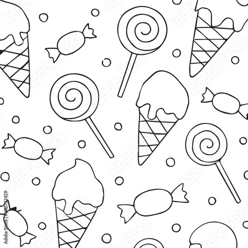 Hand drawn ice cream cones and lollipops pattern isolated on white background