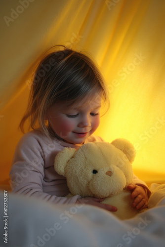 joyful child cuddles soft toy surrounded by calming ultrabright light yellow background