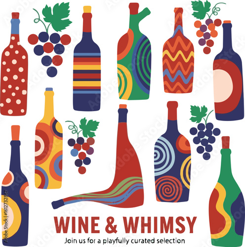 Create a kinds of deferent Playful wine poster with abstract bottle silhouettes and vibrant decorative patterns, perfect for retro-themed winery events, creative menus, and banners. vector art 