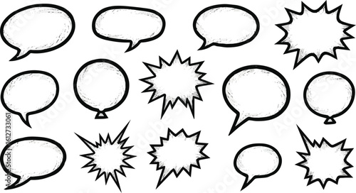 Create a kinds of deferent Set of crayon drawn black speech bubbles, talk balloons with pencil texture. Hand drawn vector explosion balloons. vector art with white background.