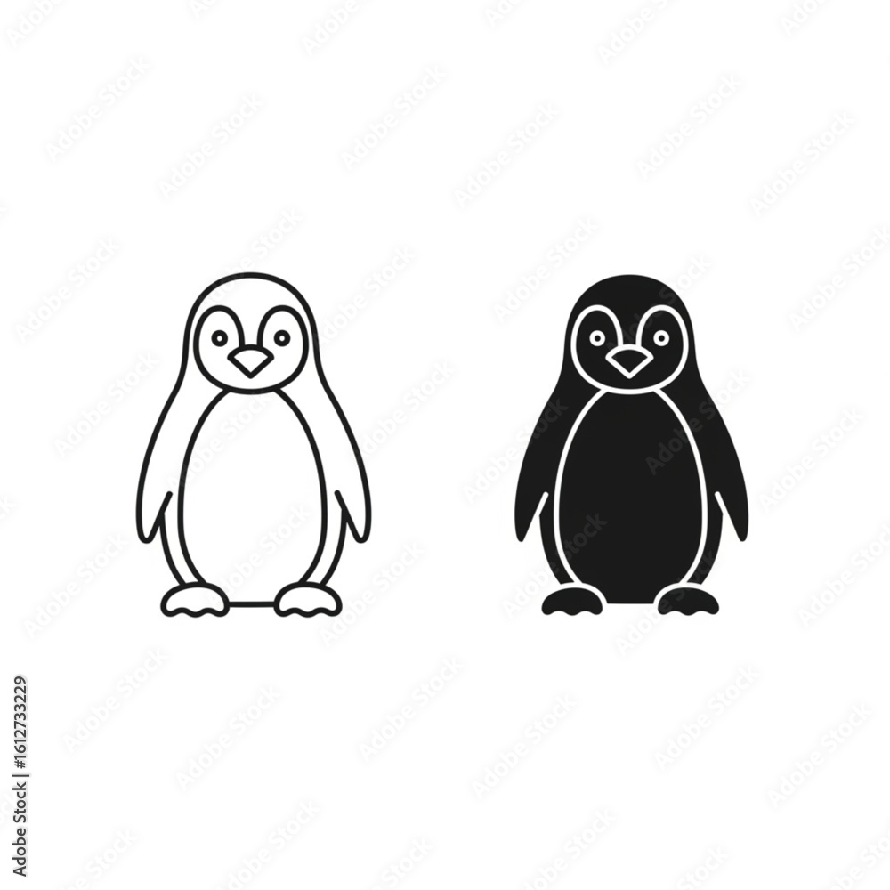 Naklejka premium A Penguin Icon in Two Forms: Outline and Silhouette