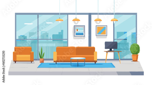 Modern office waiting area interior design with sofa armchair and city view background illustration vector